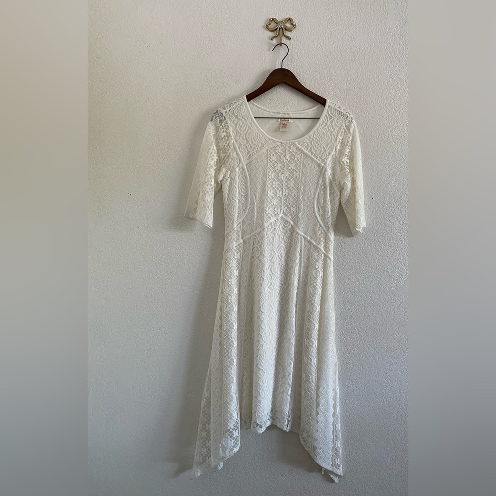 Sundance Women’s Midi Dress Alouette Lace Handkerchief Hem Size 8 White